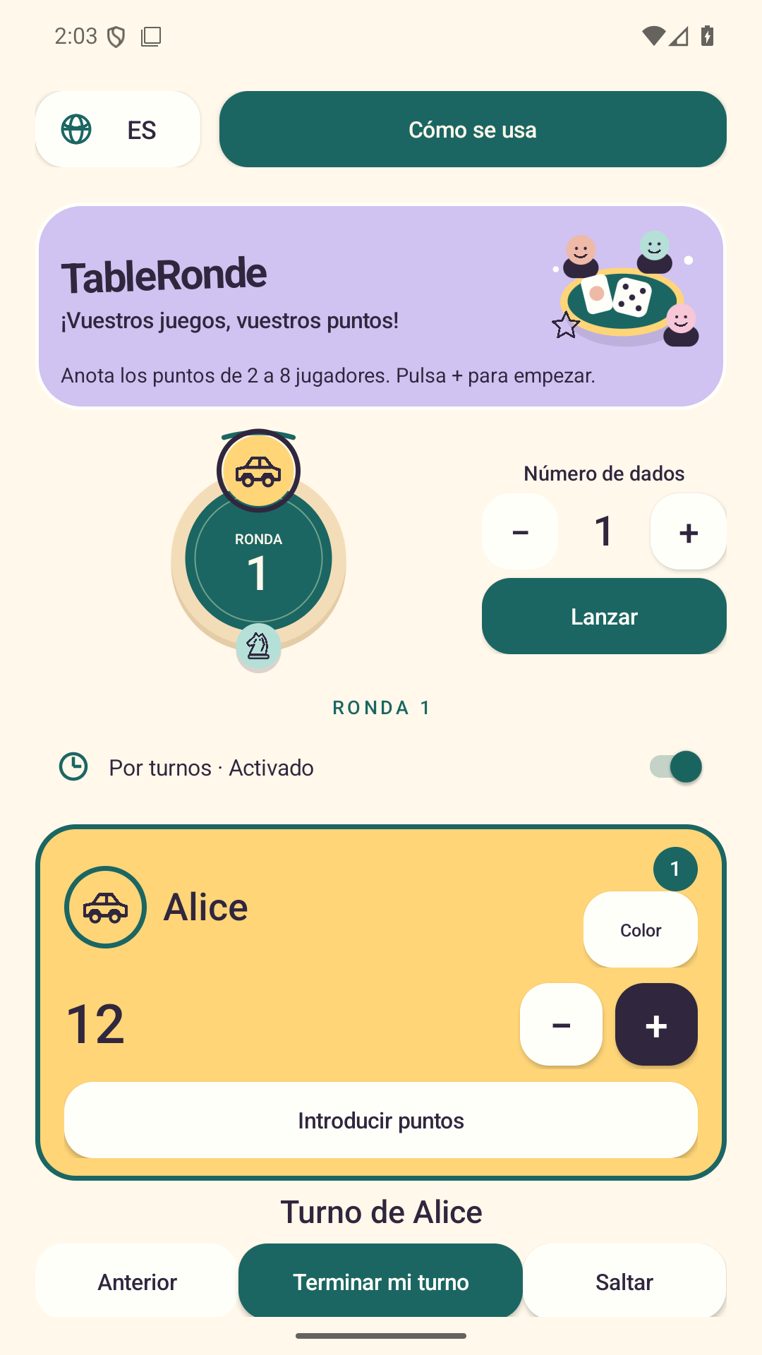 Pantalla real de TableRonde en español, con la mesa y las tarjetas de jugadores